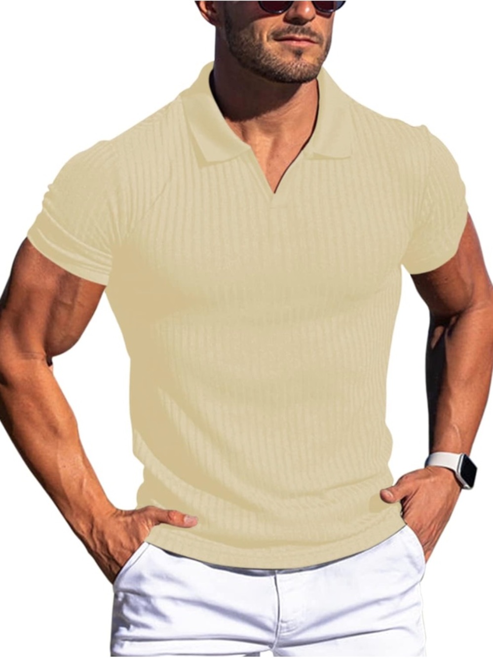 Men's Slim Ribbed Polo Shirt in Cream